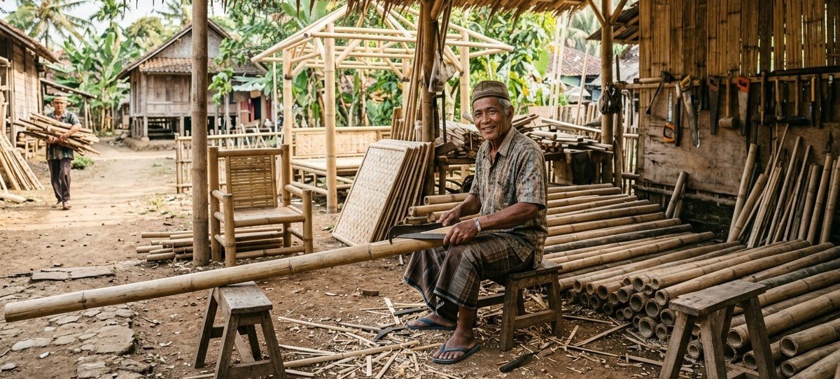 Pengrajin Bambunut mengerjakan bambu di Kampung Bunut, Bekasi